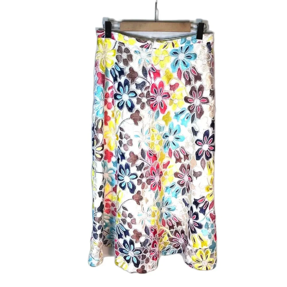 Eva Franco Anthropologie Women's Colorful Floral Embroidered Midi Skirt Size 10